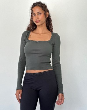 Women's Motel Rocks Bovita Long Sleeve Ribbed T Shirts Green Grey | XUH7563QU