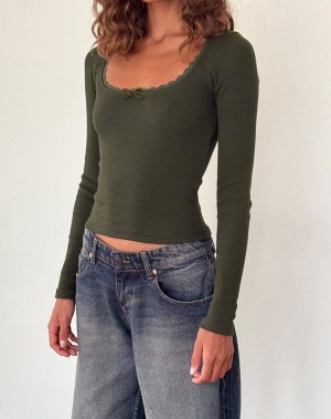 Women's Motel Rocks Bovita Long Sleeve Ribbed T Shirts Green | OCK3989FD