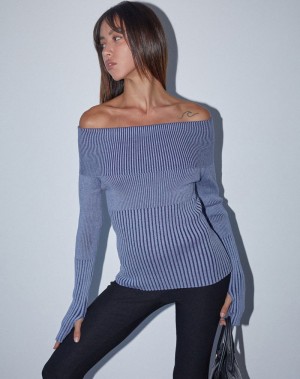 Women's Motel Rocks Circe Knitted Bardot Jumpers Blue | CBJ5350BM