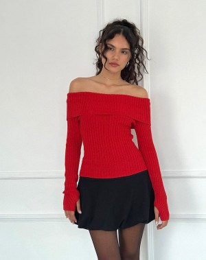 Women's Motel Rocks Circe Off-shoulder Long Sleeve Knit Top Jumpers Red | SLX4436UQ