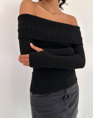 Women's Motel Rocks Circe Off-shoulder Long Sleeve Knit Top Jumpers Black | BRZ1089WJ