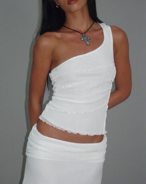 Women's Motel Rocks Cochise Seam Detail One Shoulder Mesh Vest White | ABS2562XV