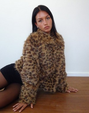 Women's Motel Rocks Joji Crop Faux Fur Jackets Brown | YON2786BK