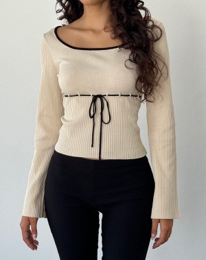 Women's Motel Rocks Juhye Knitted Long Sleeve T Shirts Beige Black | NQW8165GT