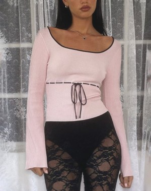 Women's Motel Rocks Juhye Knitted Long Sleeve T Shirts Pink Black | OZJ6358TO