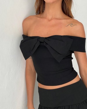 Women's Motel Rocks Naras Bow Front Bardot Cropped Tops Black | JMV9014SO