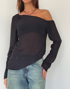 Women's Motel Rocks Riot Asymmetric Longline Blouse Black | TWA8979SA