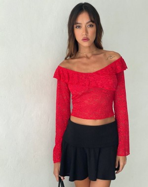 Women's Motel Rocks Soka Bardot Frill Cropped Tops Red | BIC212RR