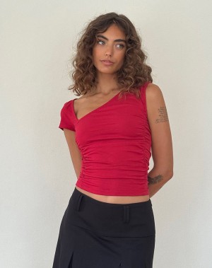 Women's Motel Rocks Sunhee Slash Neck Cropped Tops Red | AQV5699NA