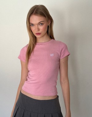 Women's Motel Rocks Suti Ribbed Tee T Shirts Pink White | XSL5285CF