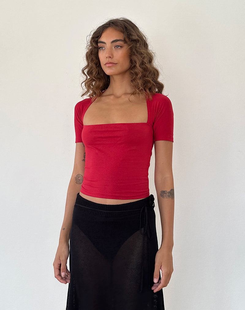 Women's Motel Rocks Requa Short Sleeve Square Neck Cropped Tops Red | XJK8259KH