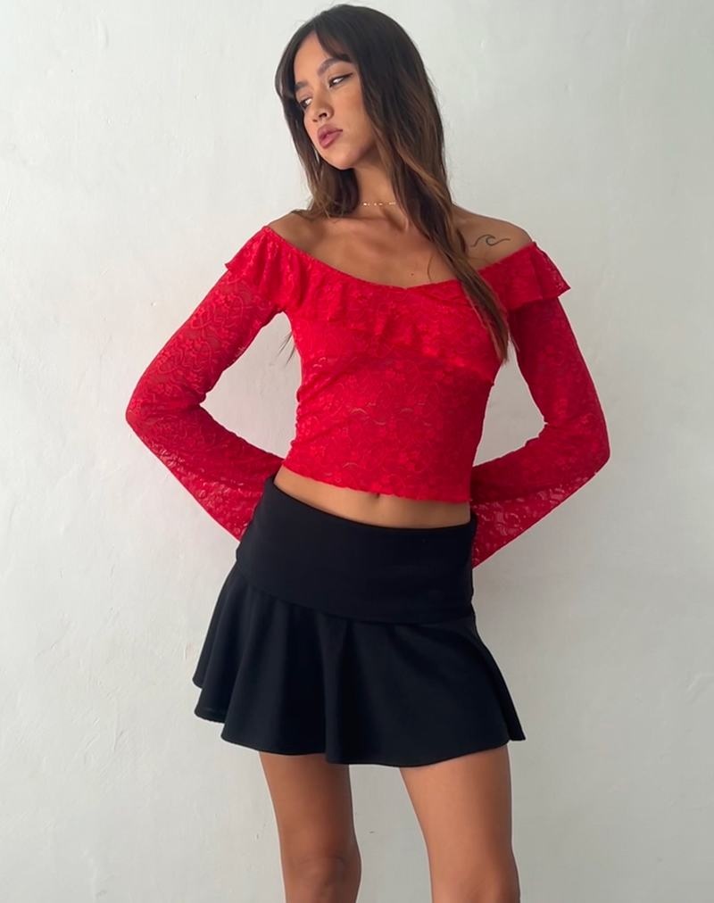 Women's Motel Rocks Soka Bardot Frill Cropped Tops Red | BIC212RR